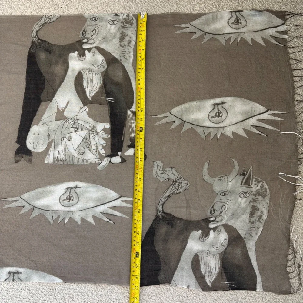 Picasso Guernica Print Scarf, Taupe Black Oversized Rectangle Silk Cotton Blend